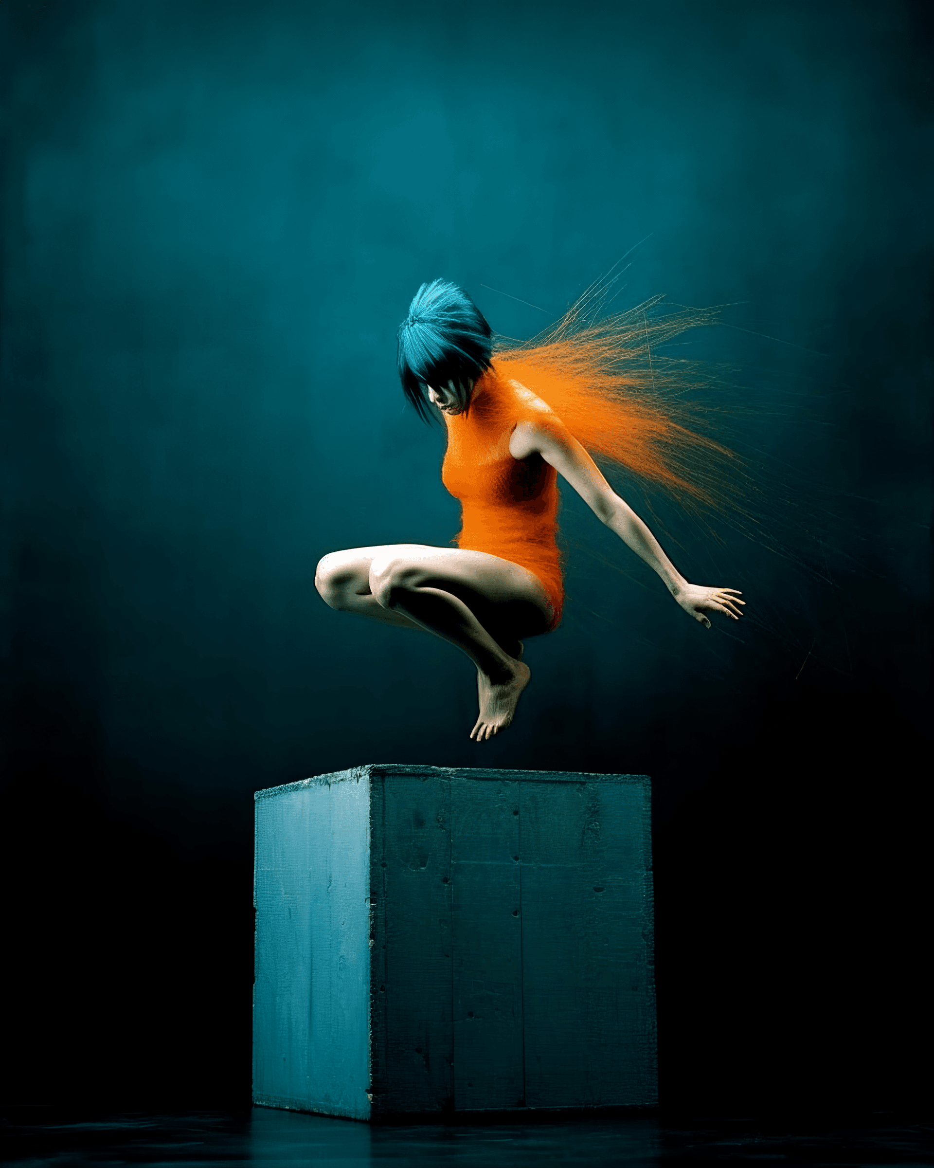 AI generated: a girl is posing while on a box, in the style of dark cyan and orange, acrobatic self-portraits, ver...