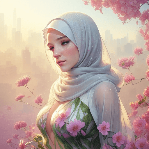 AI generated: Dew drops on petals, Morning sunbeams gently warm, Nature's beauty shines, a white woman wearing a h...