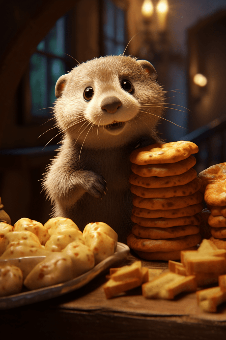 AI generated: A cute otter who steals bread from a human table, pixar stlye --v 5.2 --q 2 --ar 2:3 --s 200