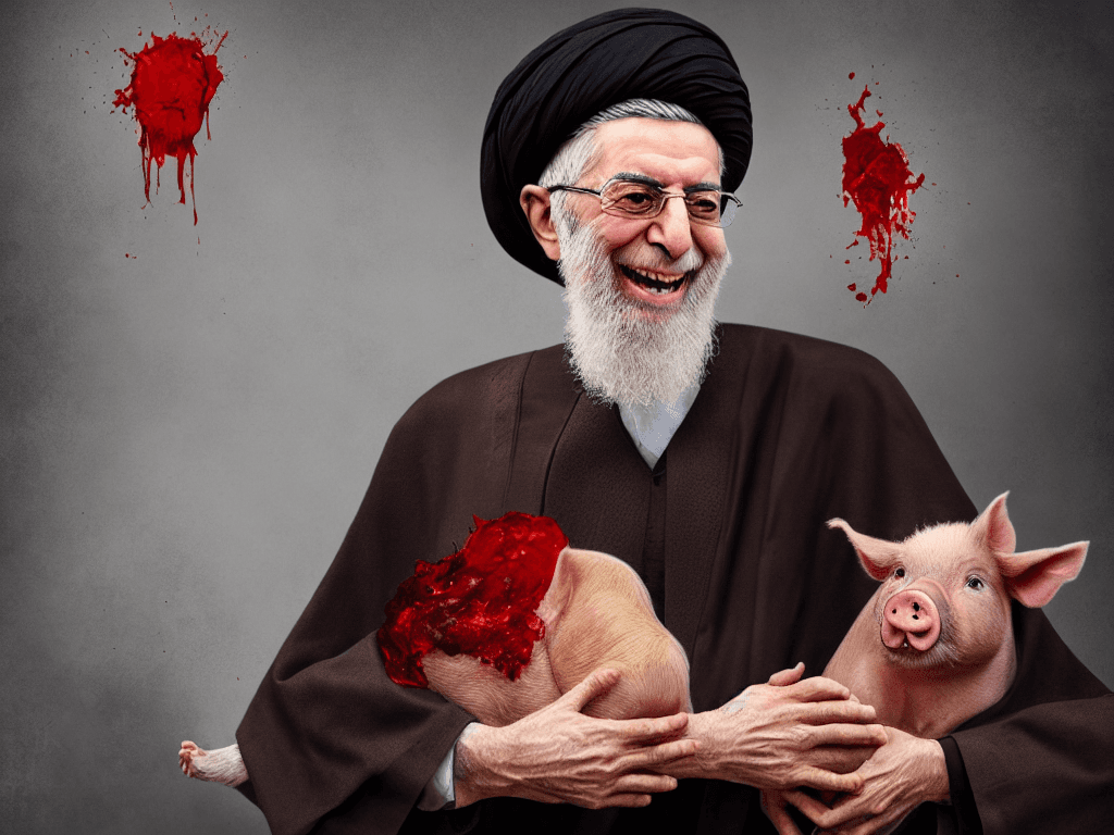 AI generated: portrait of ali khamenei holding a pig and laughing with blood everywhere, realistic, cinematic ligh...