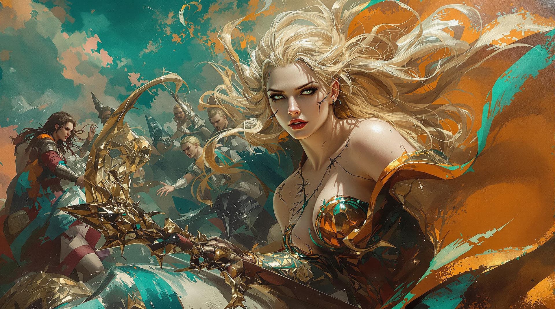 AI generated:  A grand epic scene in a classic oil painting style, depicting the ride of the valkyries, warior wom...