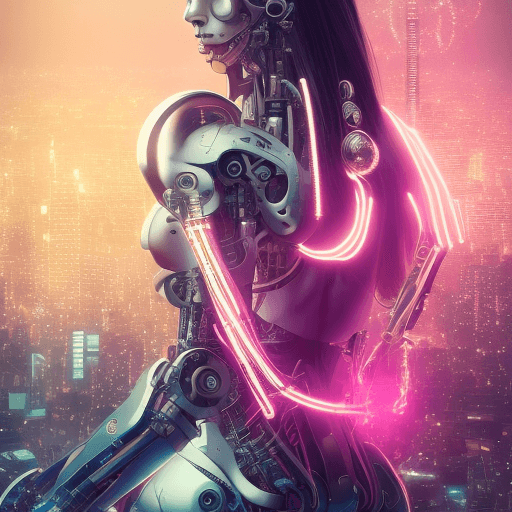 AI generated: A female cyborg demon, neon, tokyo skyline, bokeh, | centered| intricate| highly detailed| breathtak...