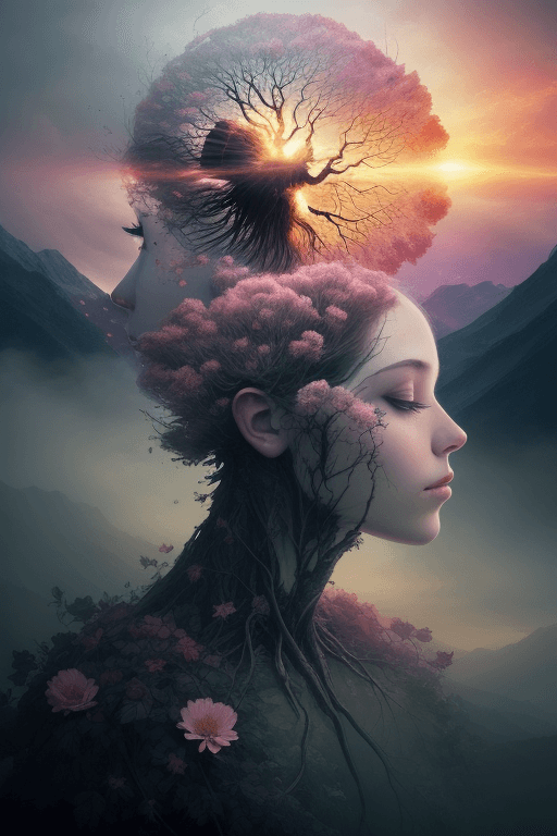 AI generated: Nature exploding out a humans head, trees, flowers, mountain, sunset, nature mind, expressive creati...