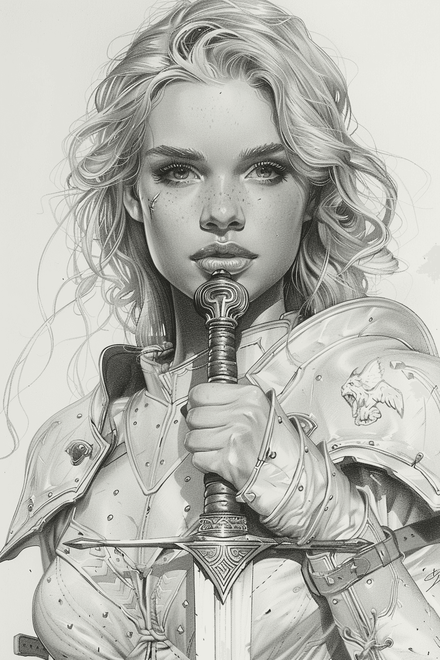 AI generated: hand-drawn portrait of an armored woman holding a sword, in the style of john larriva, ambient occlu...