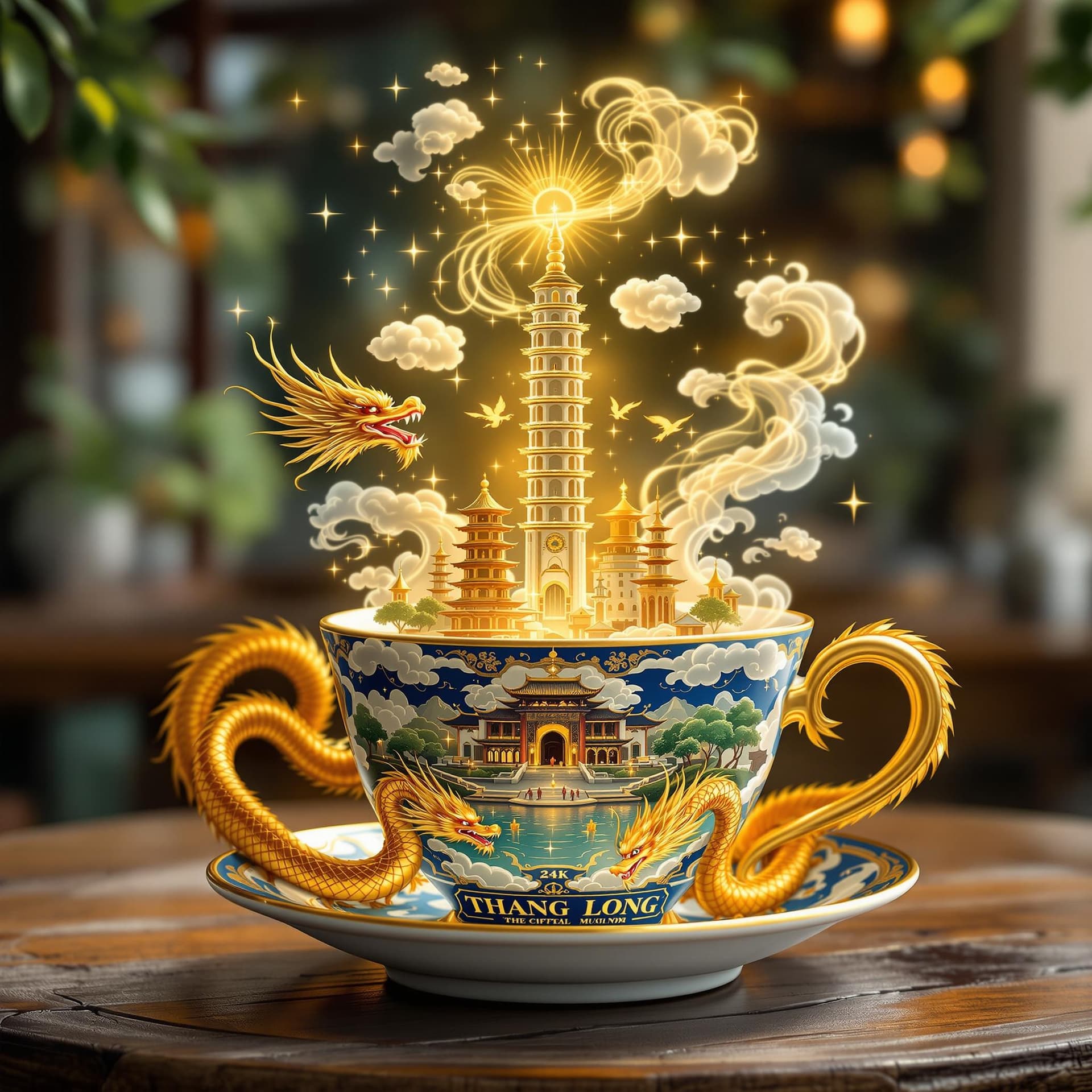 AI generated: A coffee cup and saucer with a Dragon and a Phoenix facing each other are decorated with the words "...