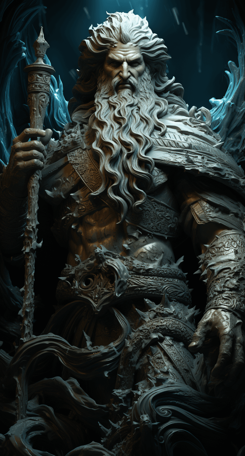 AI generated: an ancient deity standing in the ocean, in the style of devilcore, dark silver and azure, strong fac...