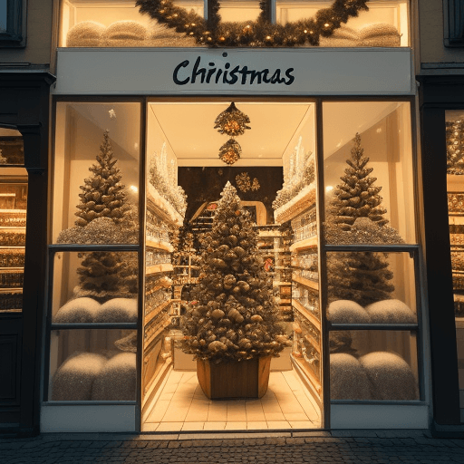 AI generated: In a small European town, there is a store that sells Christmas trees. The store has a simple brown ...