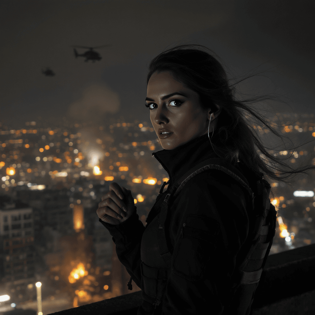 AI generated: A hyper-realistic Italian woman in her late 20s standing at the edge of a rooftop at night, overlook...