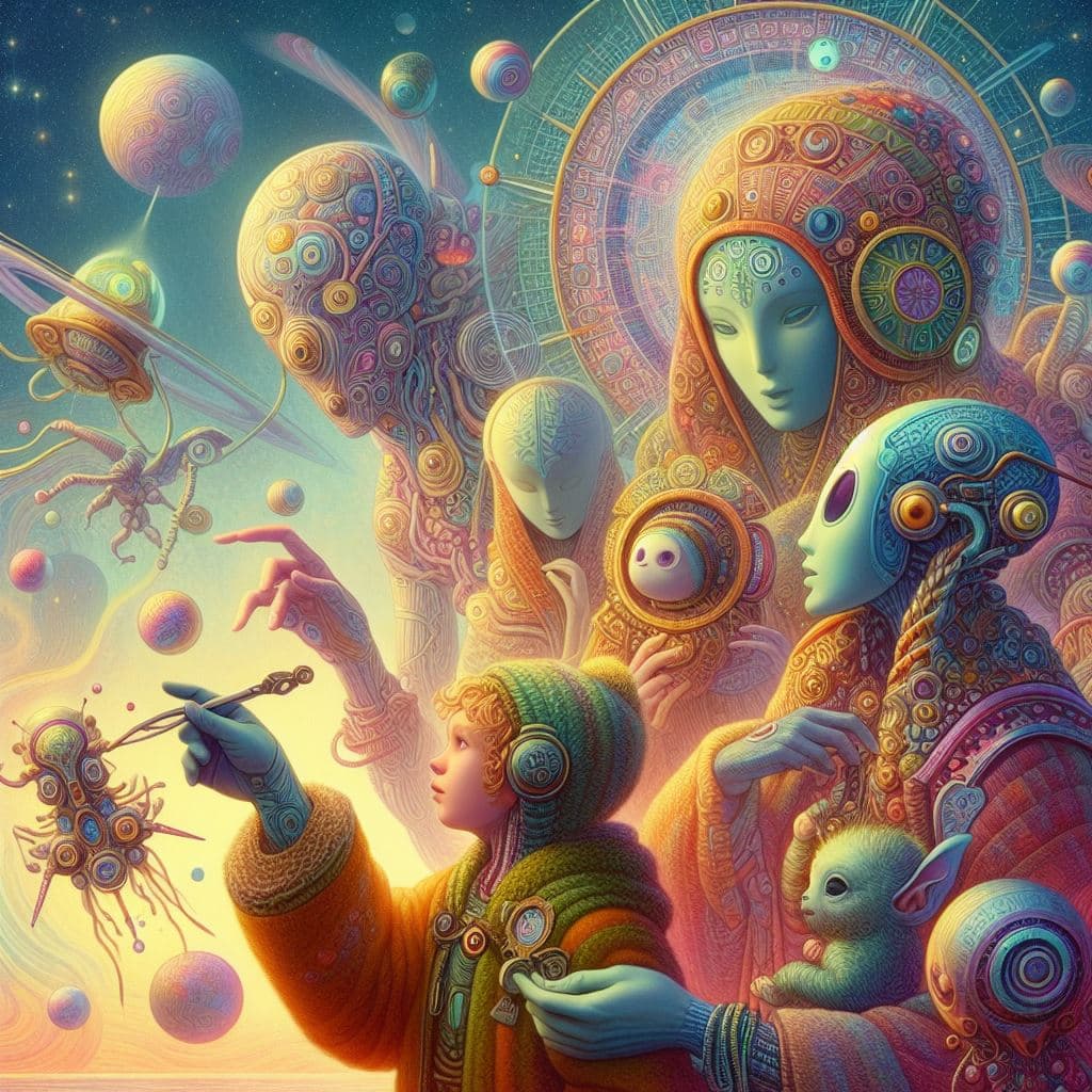 AI generated: the alchemists of the future, future jewelry, little clothing, alien glyph tattoo, psychedelic fract...