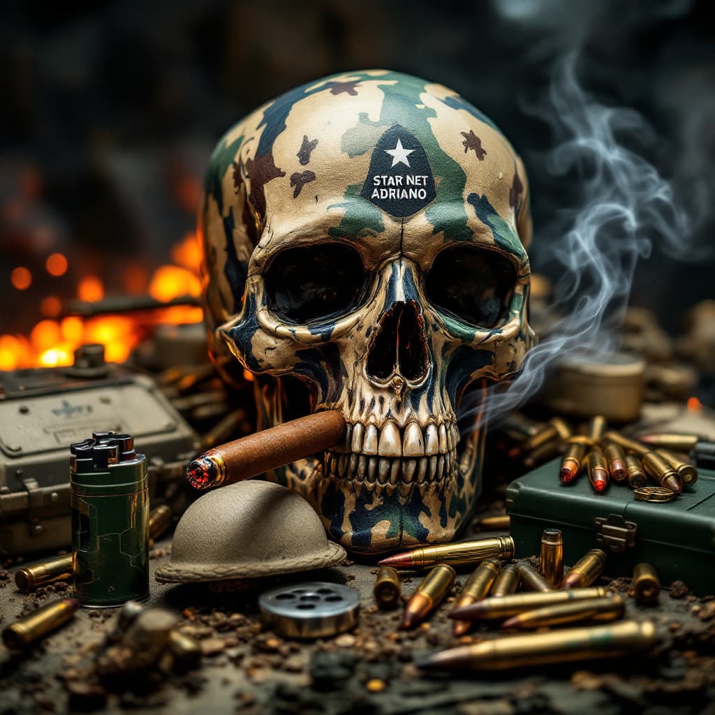AI generated: ultra realistic, 35mm, large 3D camouflaged Crystal Skull, add the Start Net Adriano logo on it, sur...
