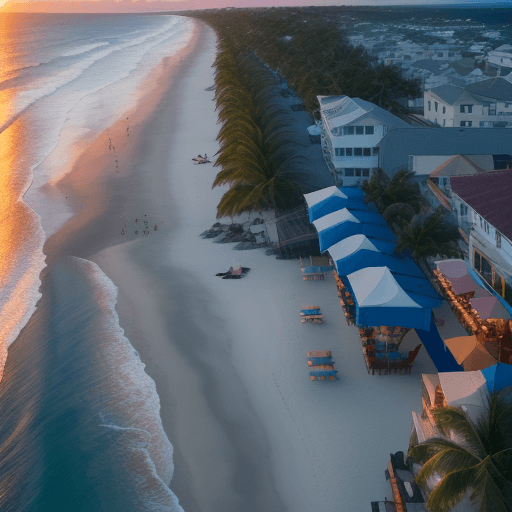 AI generated: relaxing , beach during dusk , cafe , beautiful view , bird eye view , high quality , high definitio...