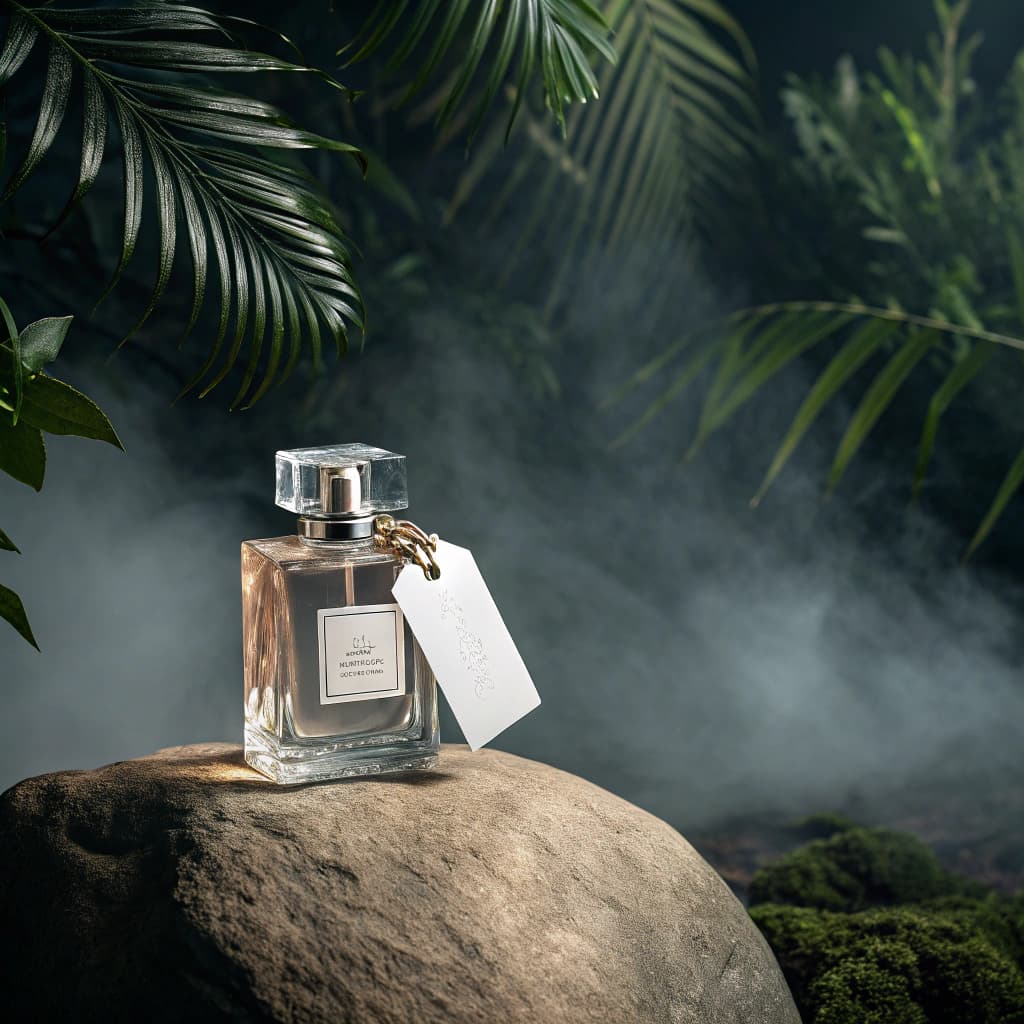 AI generated: Luxury perfume bottle on a rock with an empty white sticker, ad, brand, over a deep dark tropical ba...