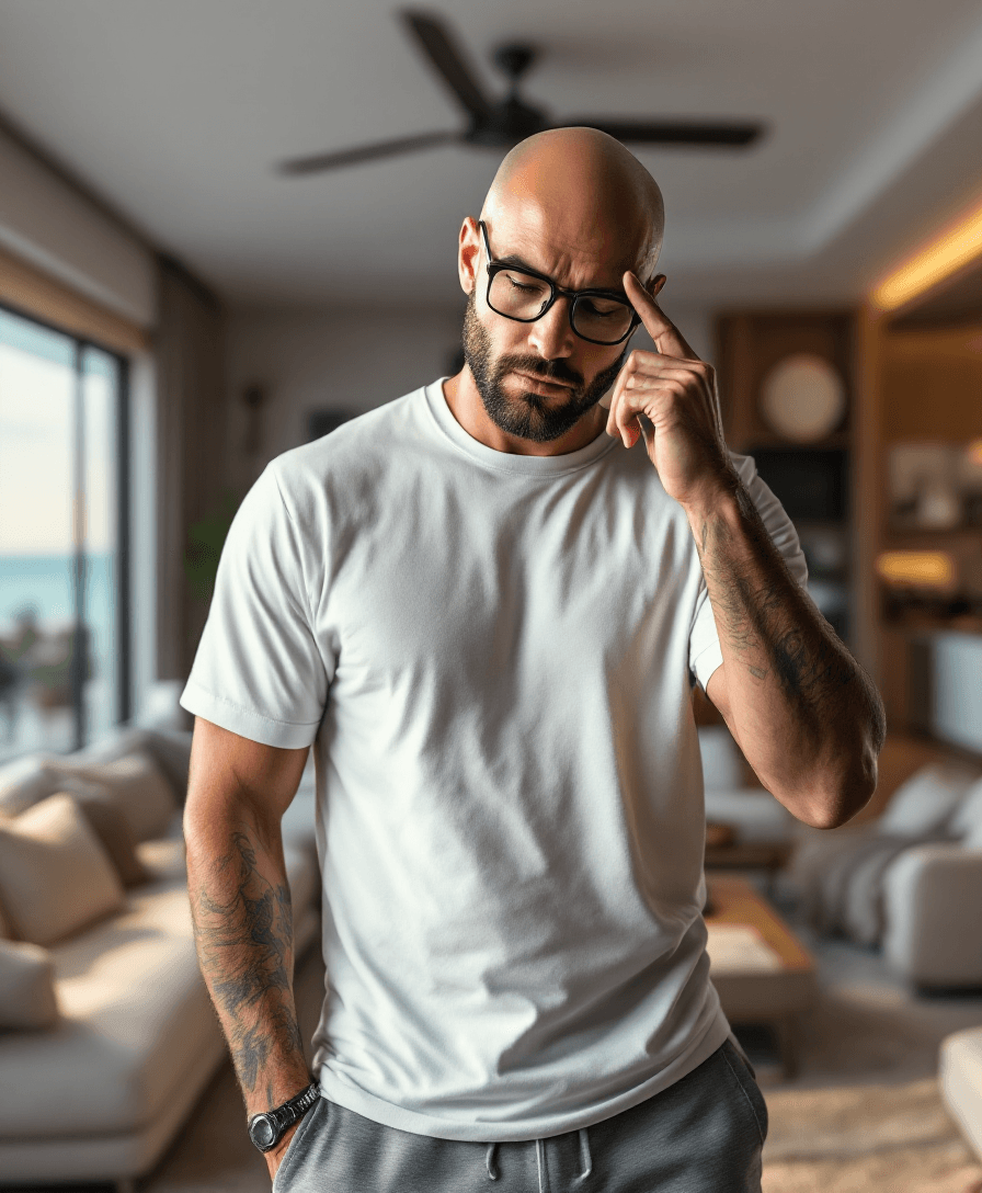 AI generated: Hyper-Realistic, upper body image of a handsome Caucasian bald man, moody, clean face, clean shaved ...