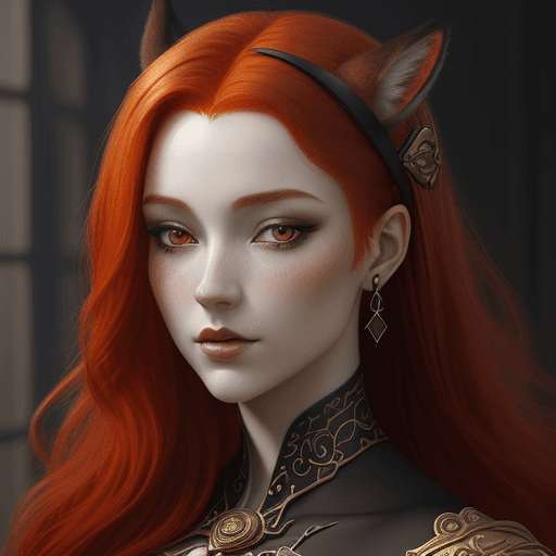 AI generated: an art piece of a fantasy woman with red hair, in the style of realistic, fawncore, black and amber,...