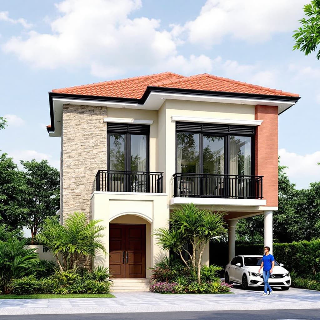AI generated: Generate a 3D rendering of a two-story, modern residential house with a symmetrical facade. The hous...