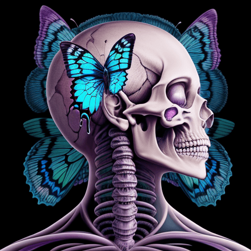 AI generated: Butterfly on a human skull, alex grey style