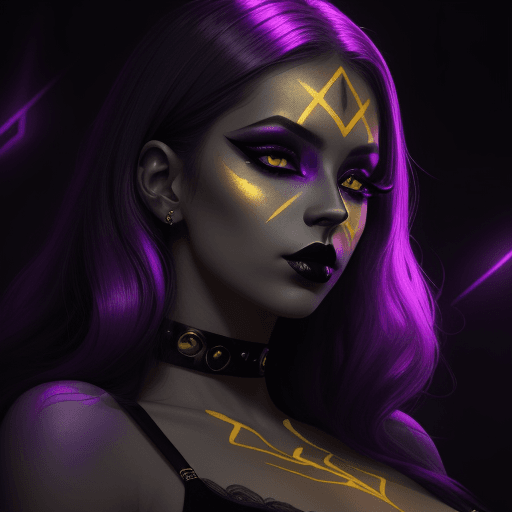 AI generated: A woman with golden skin wearing black lipstick and heavy eyeliner, purple lighting coming from the ...