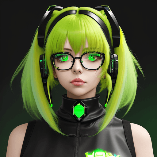 AI generated: <lora:HoneyTech-20:0. 8>, honeytech, honey, sci fi, neon green straight hair, ears, cropped hair, bl...