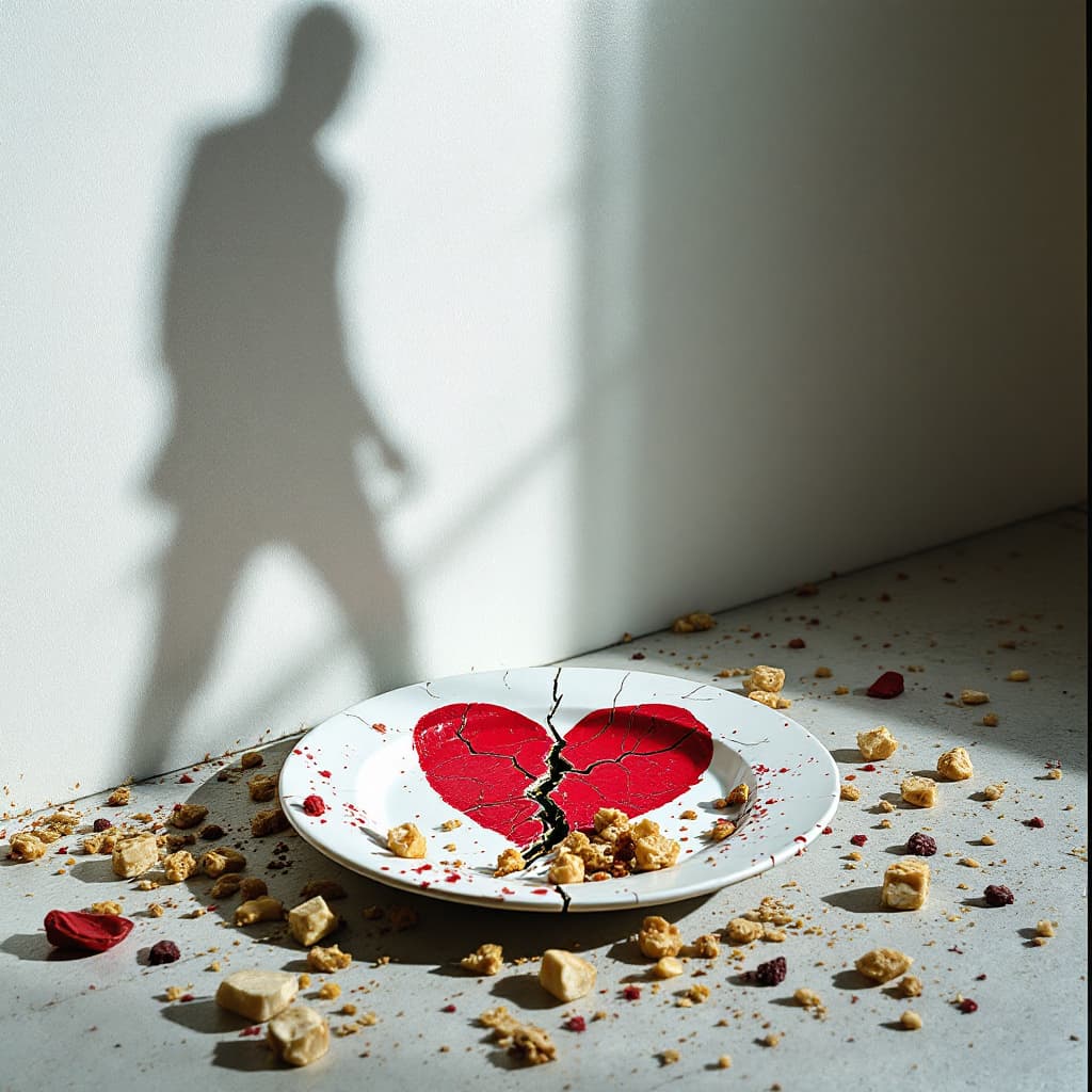 AI generated: on a white wall, the menacing, blurry shadow of a man, in front of the wall, on the floor, a plate i...