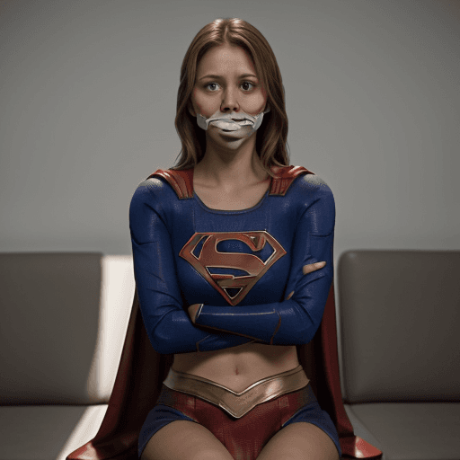AI generated: supergirl sitting arms behind back with a cloth gag over her mouth she looks concerned 