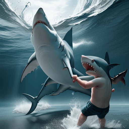 AI generated: huge photorealistic shark, fighting a small human, 8k, high resolution