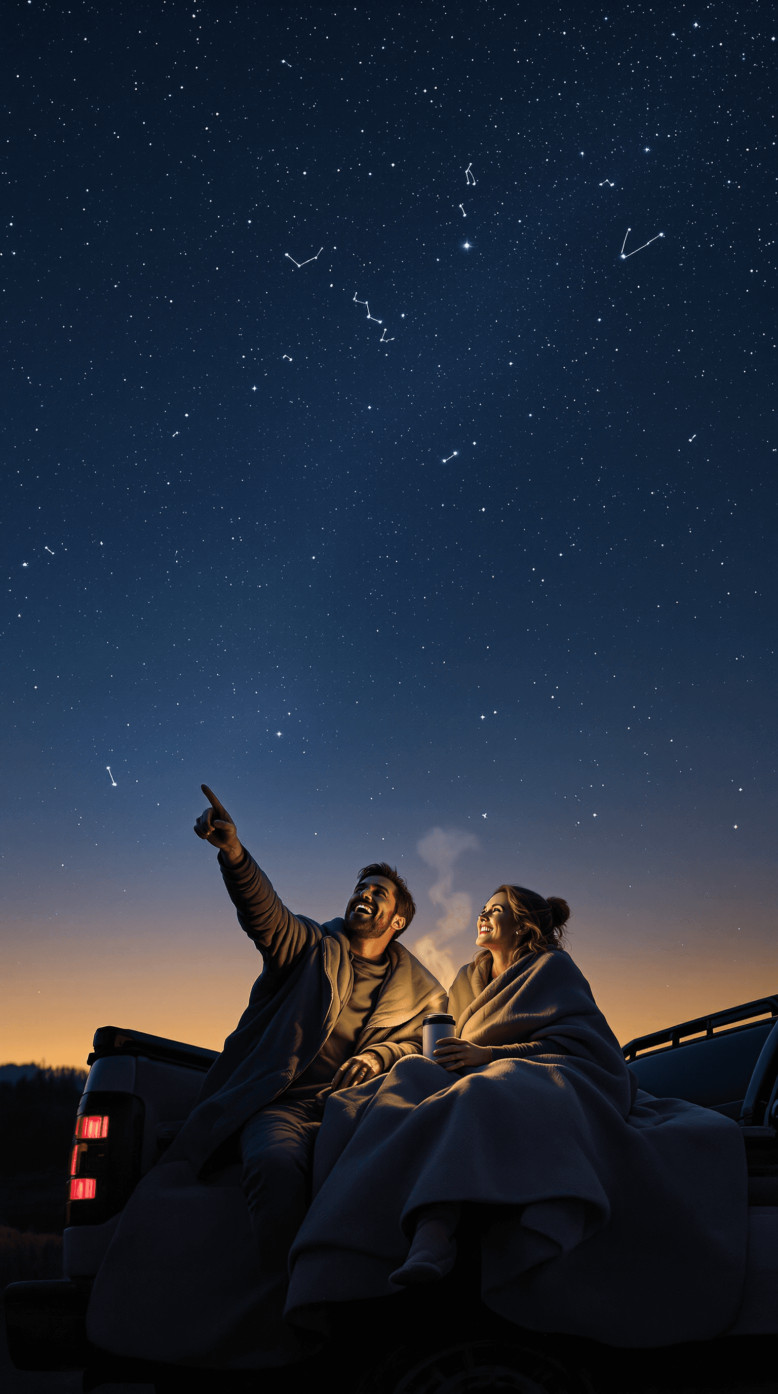 AI generated: a couple in their early 40s sits on the tailgate of a pickup truck, parked under a vast, starlit sky...