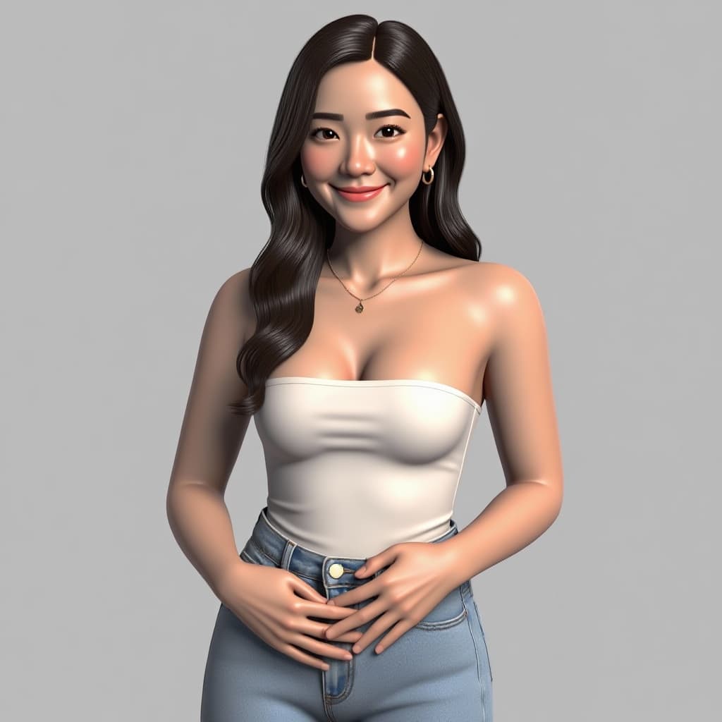 AI generated: ultra realistic human, naked, medium big boobs black hair asian woman 21 years old, hiding pussy wit...