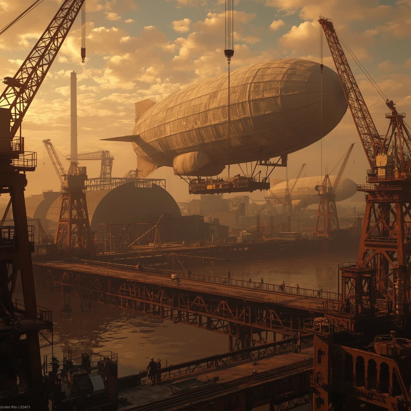 AI generated: steampunk airship yard at golden hour, monumental hangars and mooring spires, zeppelins half-skinned...