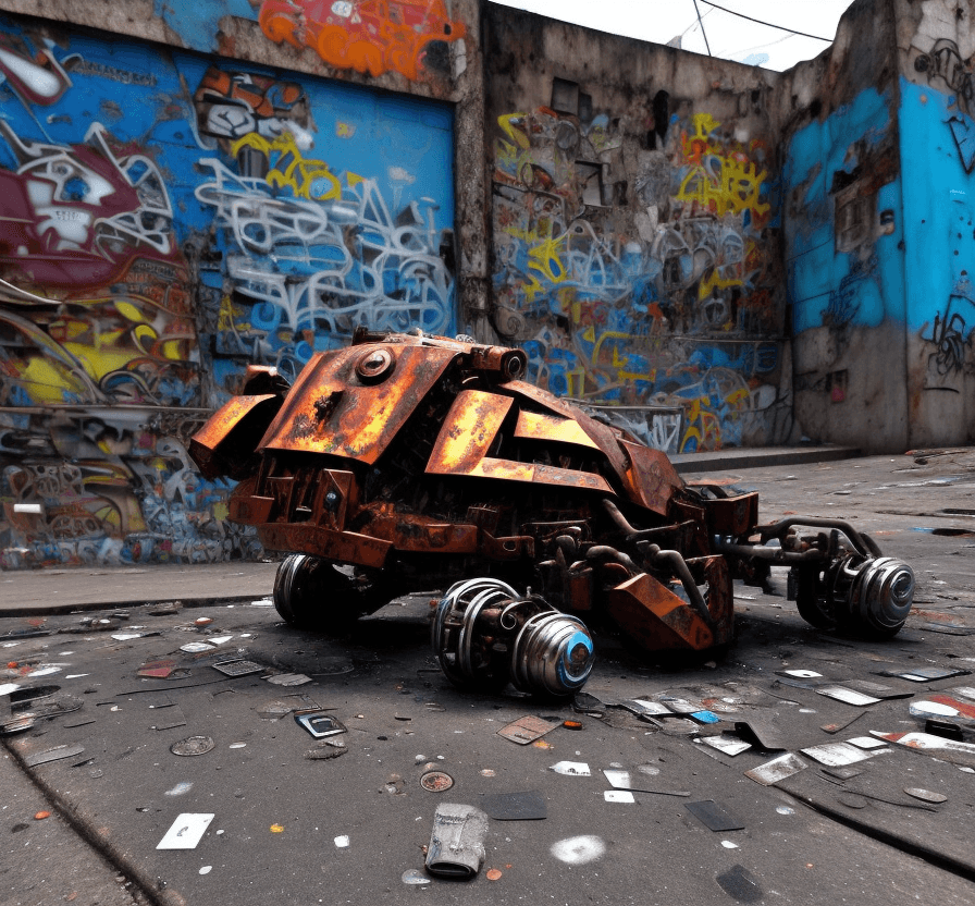 AI generated: a  lost  rusted big robot  is dead. It is lying on its back on  the ground in the street in a  favel...