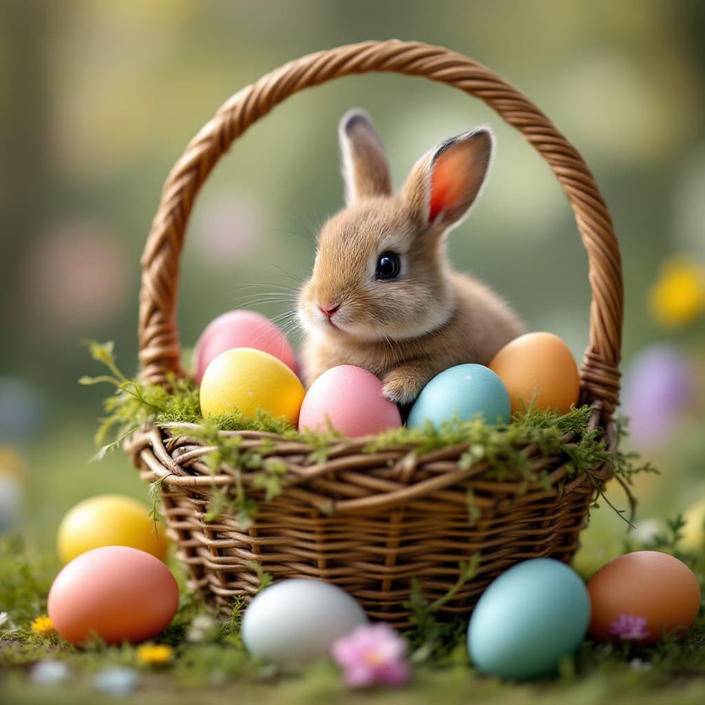AI generated: A tiny rabbit in a basket of colored eggs Easter style 