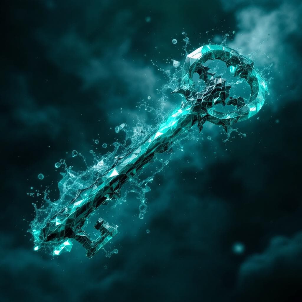 AI generated: Create a key made of Teal Quartz with darkness and shadows flowing at the hilt  - Darkness (The Real...
