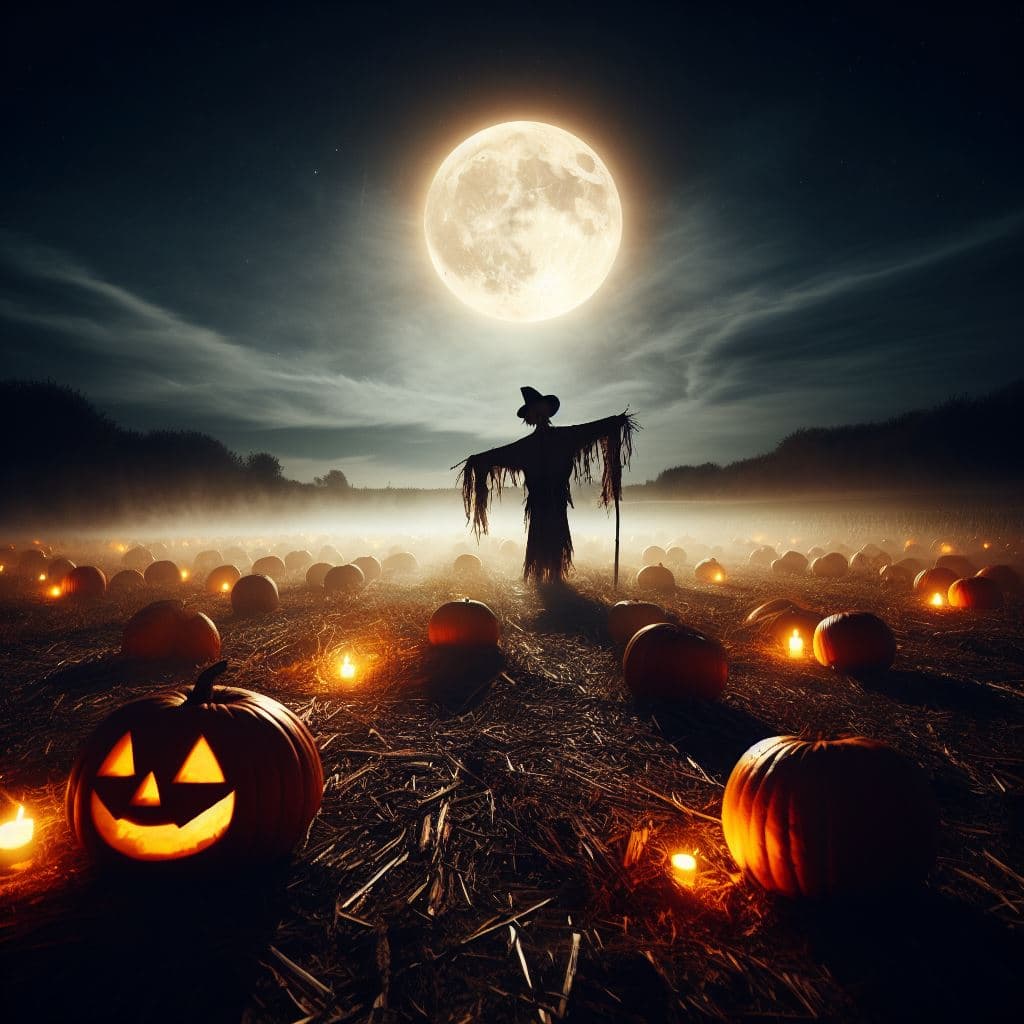 AI generated: A pumpkin field at night, full moon, fog, a creepy scarecrow standing on the field, very detailed, d...