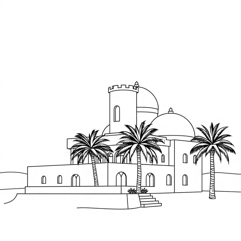 AI generated: Generate a only black and white line clip art without shading  comic of an abstract arab gulf house ...