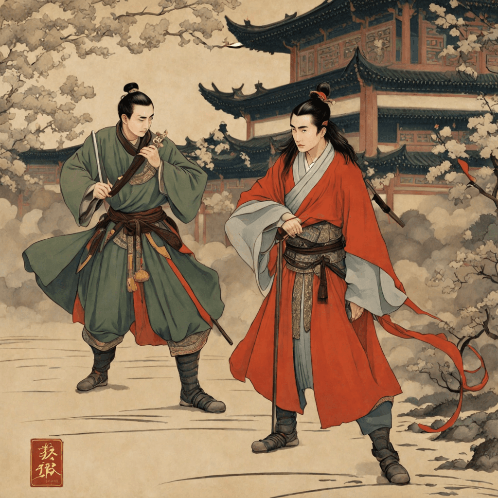 AI generated: heroes of Tolkien's books in the setting of medieval China in the image of Wushu masters