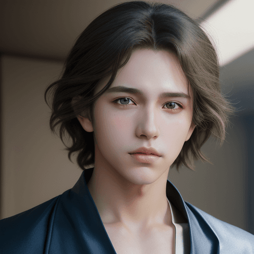 AI generated: the face of a anime boy with brown eyes, in the style of yigal ozeri, light navy and light gray, pat...