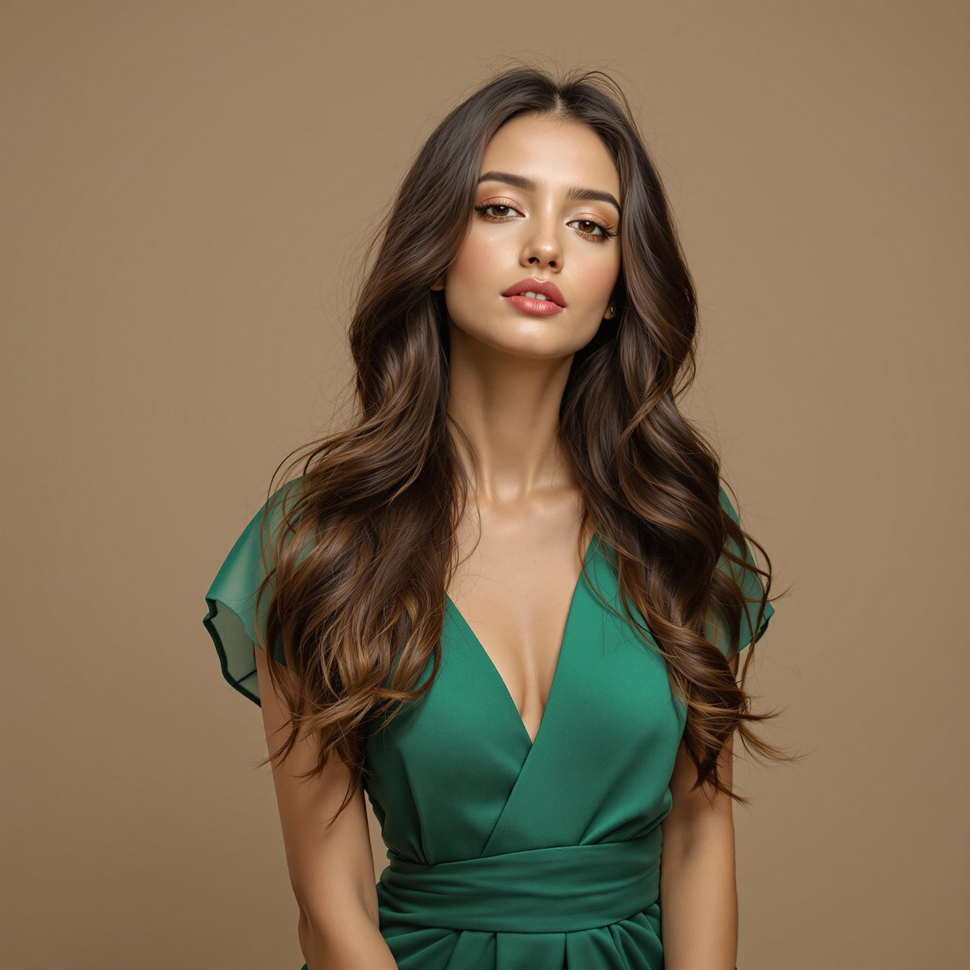AI generated: a professional photograph of a young asian woman. She is wearing a jade green dress. Her hair is lon...