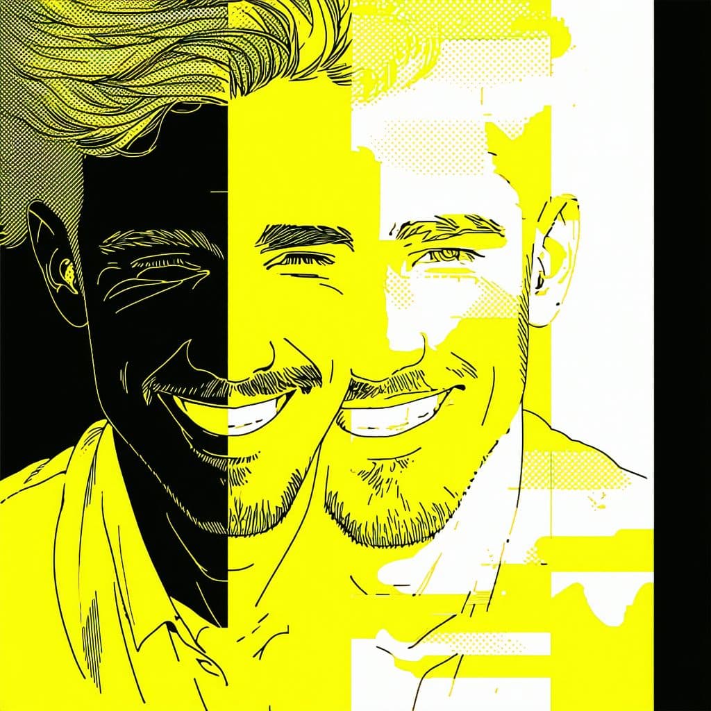 AI generated: Half the screen is day, and half is night. Where it's summer, a man is smiling. Where it's night, a ...