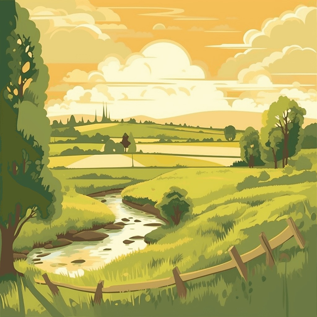 AI generated: Serene landscape vector, depict the tranquil beauty of a peaceful countryside, by Marjorie Miller, w...