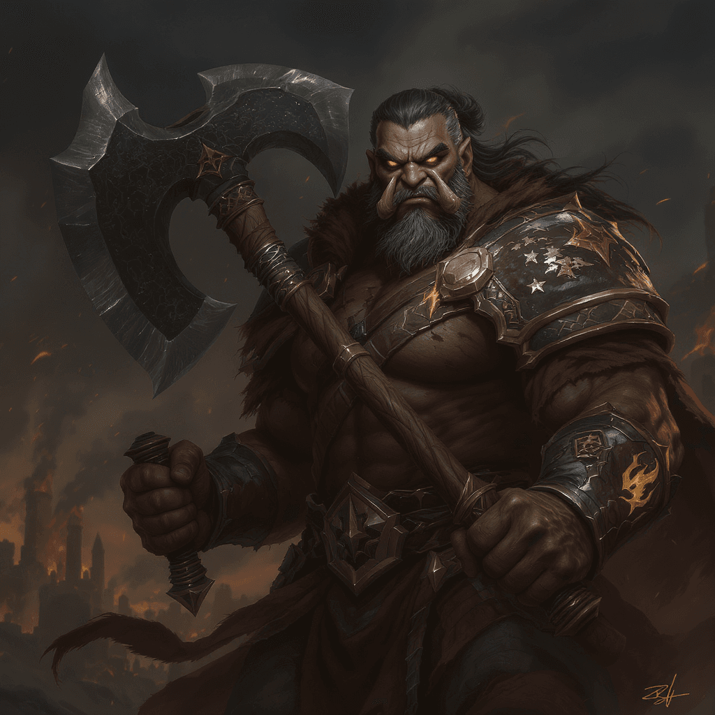 AI generated: A powerful half-orc barbarian in his 40s, weathered and battle-scarred, with graying black hair tied...