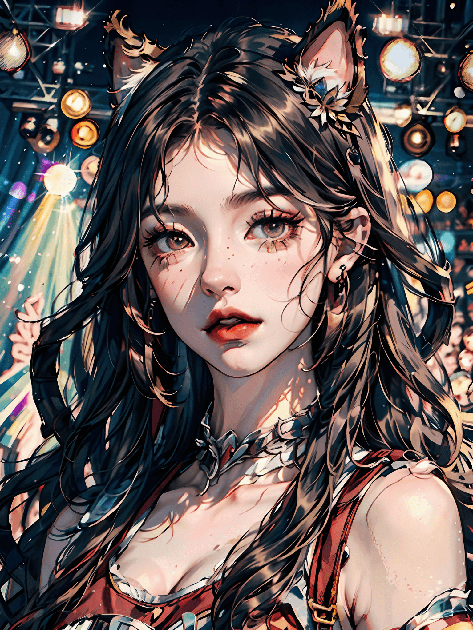 AI generated: masterpiece, best quality, high quality, mid shot, centered, cat girl, holding mic, wearing idol dre...