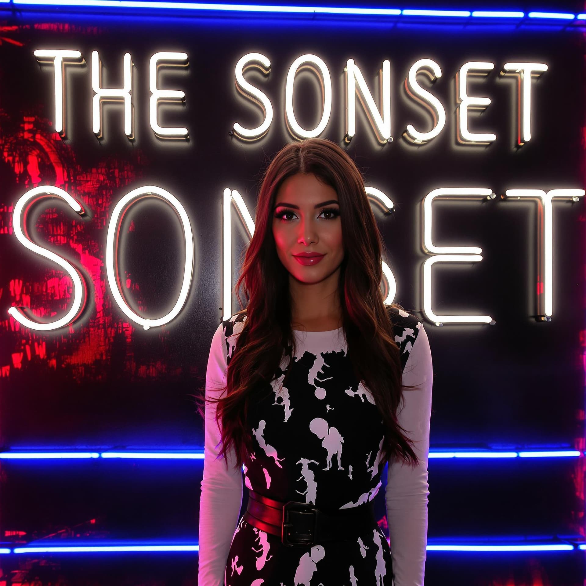 AI generated: a woman stands in front of a neon sign that reads "THE SONSET" in bold white letters. Her long, dark...