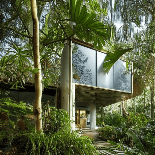 AI generated: A beautiful house in tropical modernism style inside of a forest and full of trees and plants 