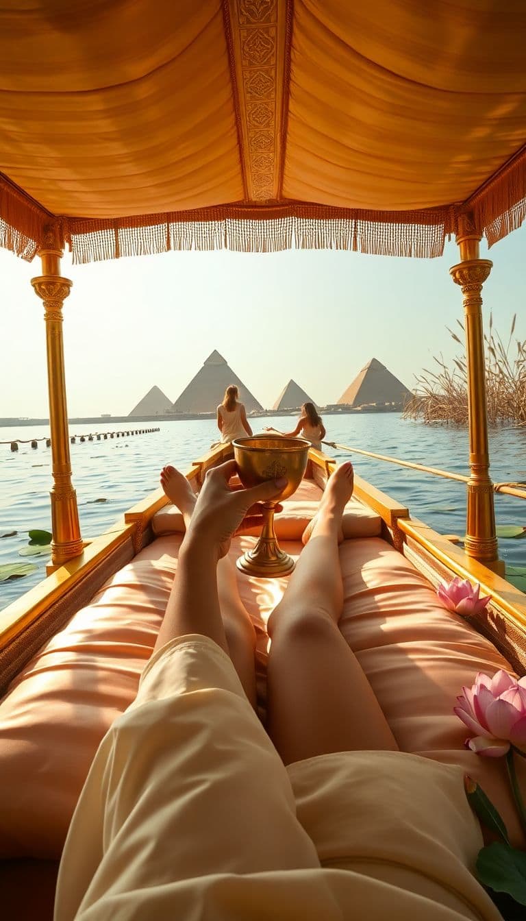 AI generated: A hyper-realistic first-person perspective of Cleopatra VII reclining on a silk-covered chaise aboar...