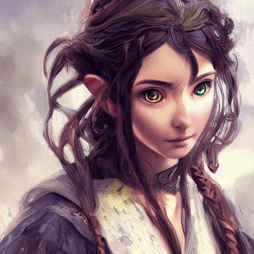 AI generated: A fantasy Anime style painting of female hobbit art character with curly brown messy hair, serious f...