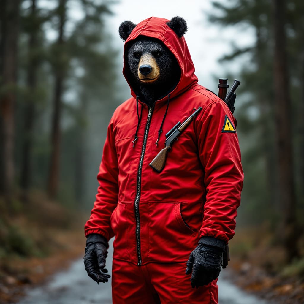 AI generated: standing bear A bright red hooded jumpsuit or suit with a zipper closure and black trim and a black ...