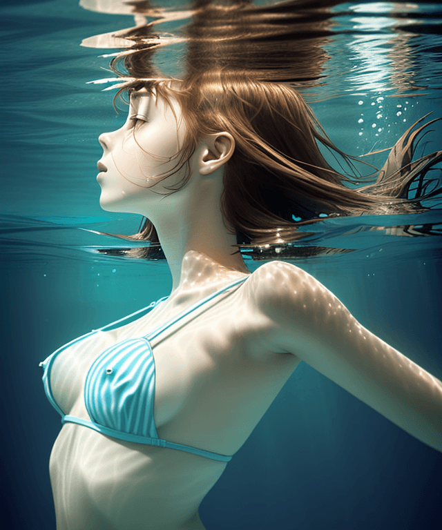 AI generated: girl realisitc style laying horizontally under water, her chest and head facing upward seen from her...