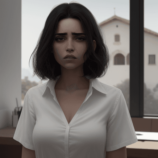 AI generated: mujer con ojos marrones y pelo medio crespo largo. que este dialogando con un señor blanco, pelo osc...