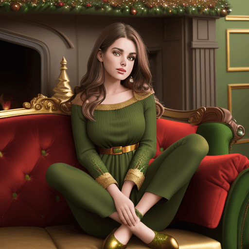 AI generated: brown hair woman in a green outfit sitting in a couch, brown hair, green walls with gold details, fa...