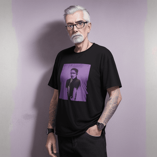 AI generated: photography, full-body, older man model standing against a textured rustic purple wall, giving off a...