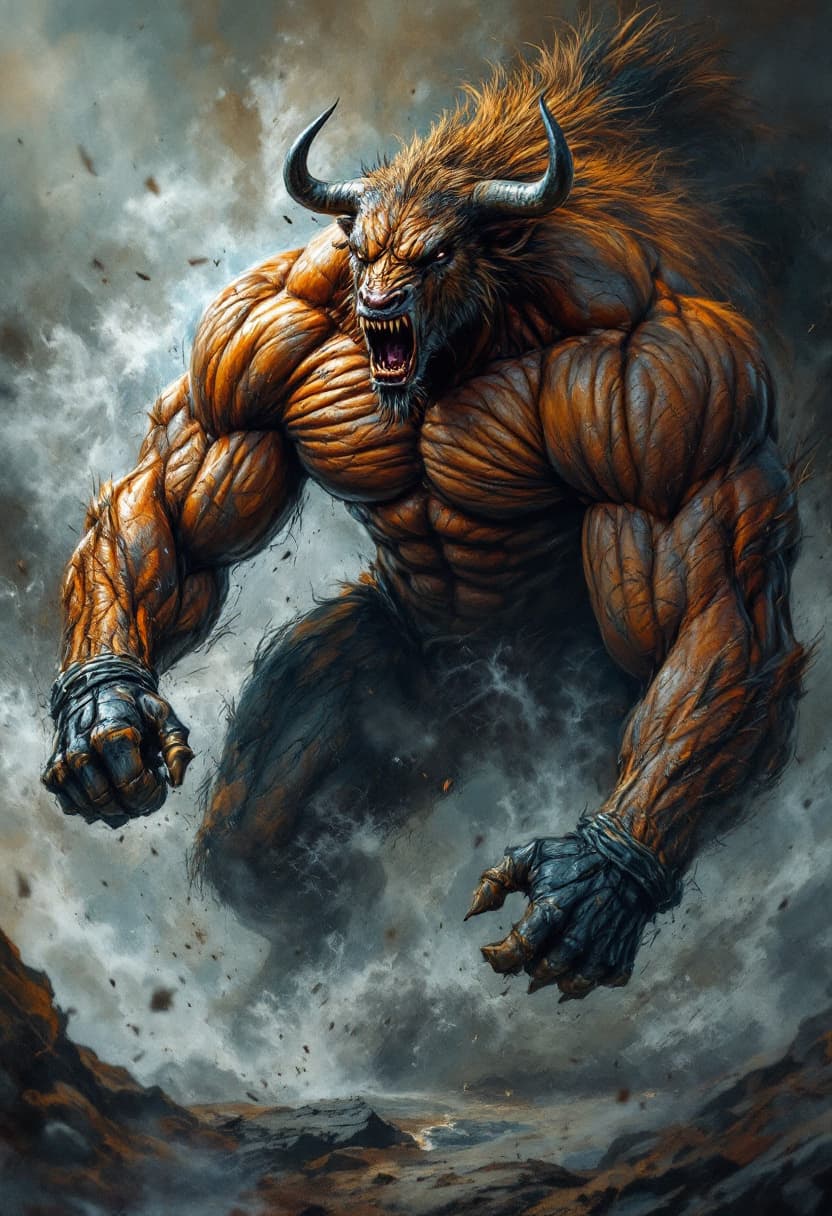 AI generated: AI-generated artwork Realistic detail, crisp, full body. Roaring bull. Bodybuilder build. Show off y...